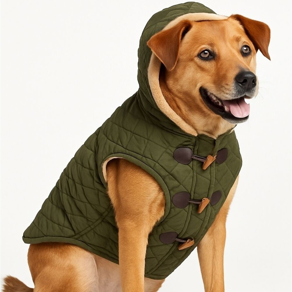 Nautica Pet Olive Quilted Hooded Dog Coat L Soft Fleece Lined Toggle Front Warm